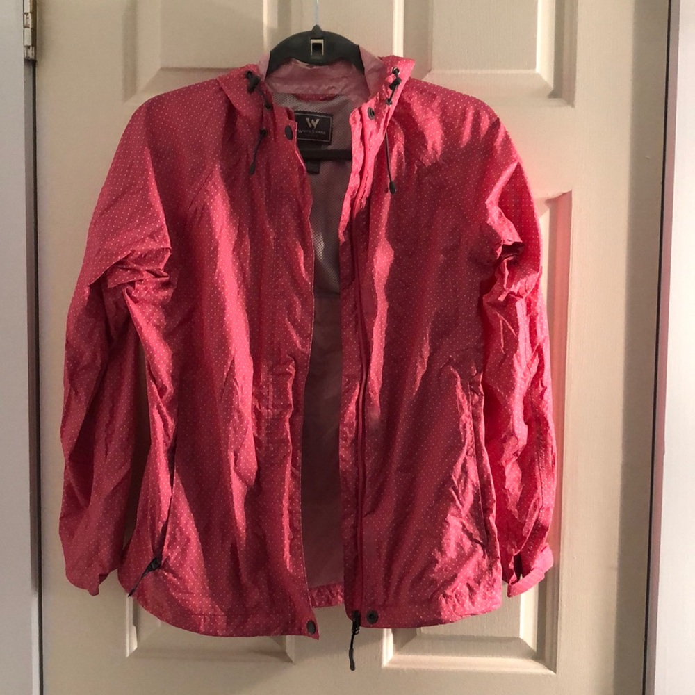 pink and white polka dot rain coat
